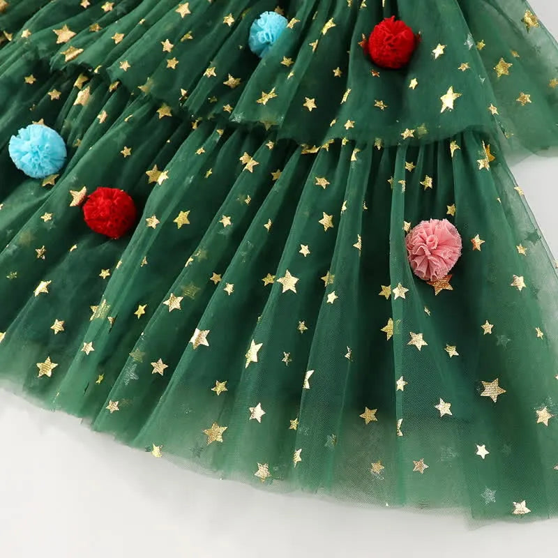 Christmas Green Tulle Pom Pom Dress