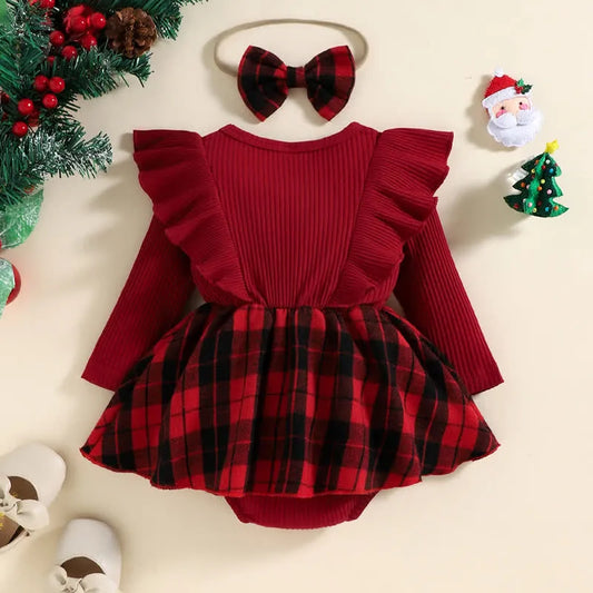 Christmas Plaid Red Romper with Headband