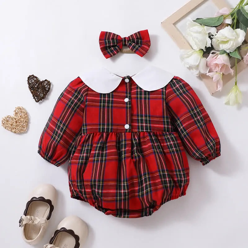 Christmas Plaid Red & White Romper with Headband