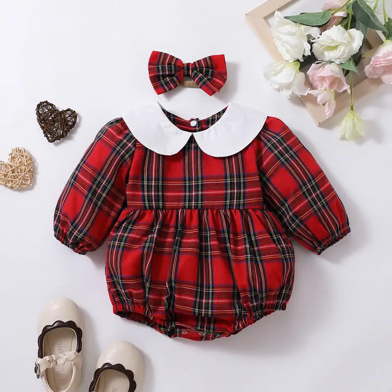 Christmas Plaid Red & White Romper with Headband