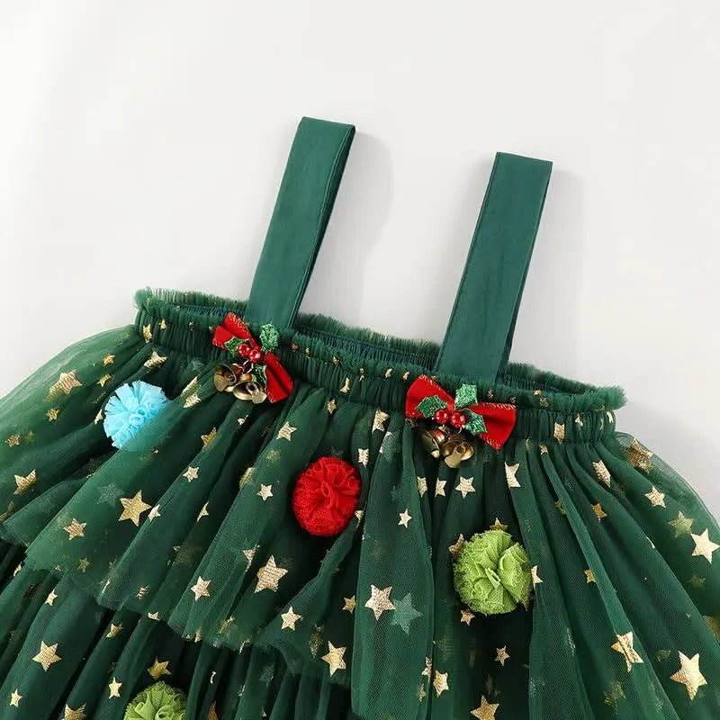 Christmas Green Tulle Pom Pom Dress