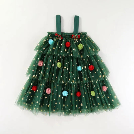 Christmas Green Tulle Pom Pom Dress