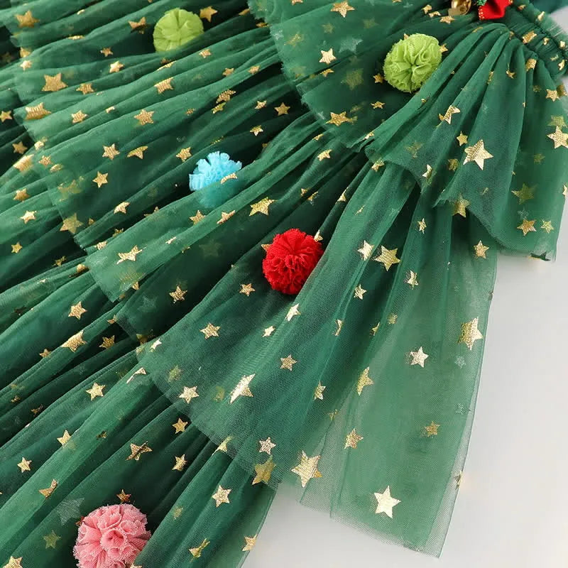 Christmas Green Tulle Pom Pom Dress