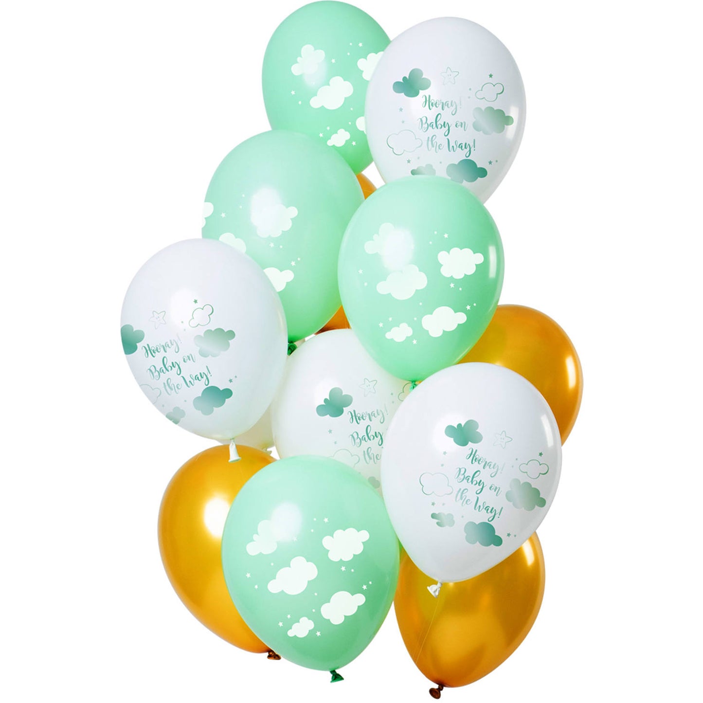 Ballons « Hourra, bébé en route ! » Vert-Or 33cm - 12 pièces