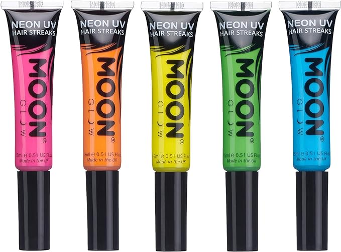 Moon Glow - Neon UV Hair Color Streaks 15ml - Hair Mascara - Temporary wash out hair colour dye - Glows brightly under UV Lighting! (Set of 5)