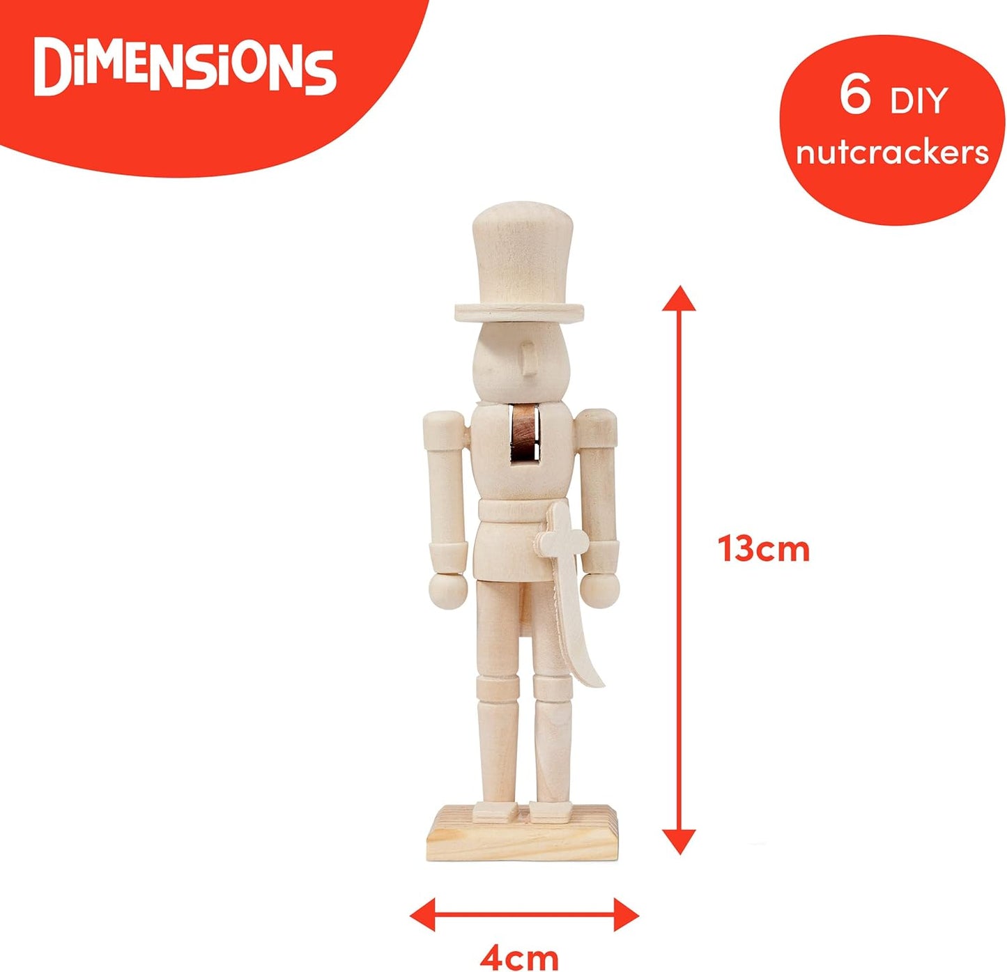 6 Christmas Wooden Nutcracker Set, 13cm - Paint Your Own Toy Soldier, DIY Art & Craft Gift Decorations