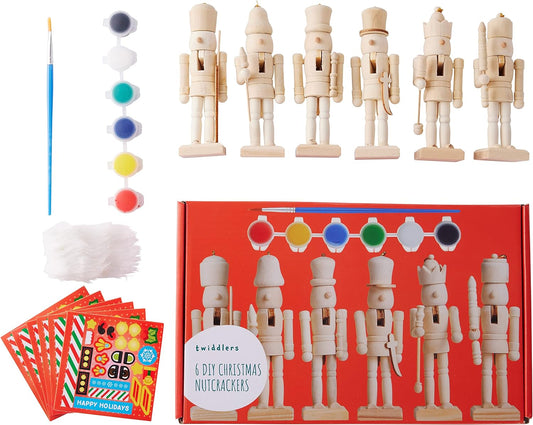 6 Christmas Wooden Nutcracker Set, 13cm - Paint Your Own Toy Soldier, DIY Art & Craft Gift Decorations