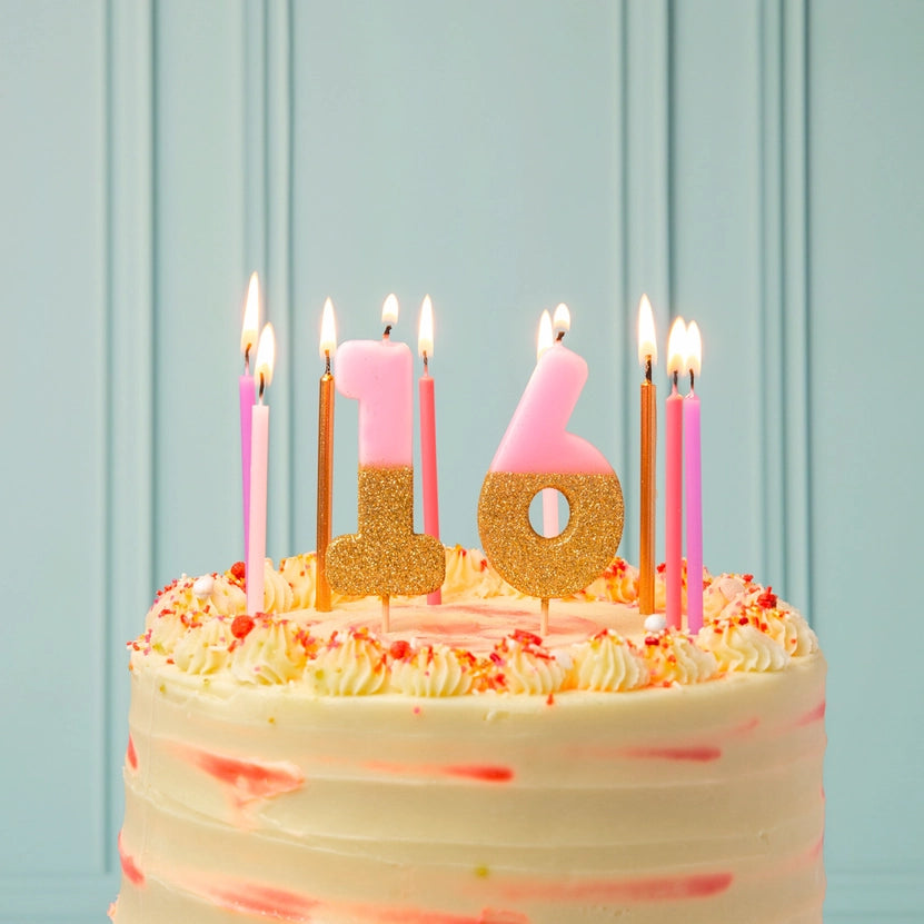 Long Pink and Silver Birthday Candles - 16 Pack