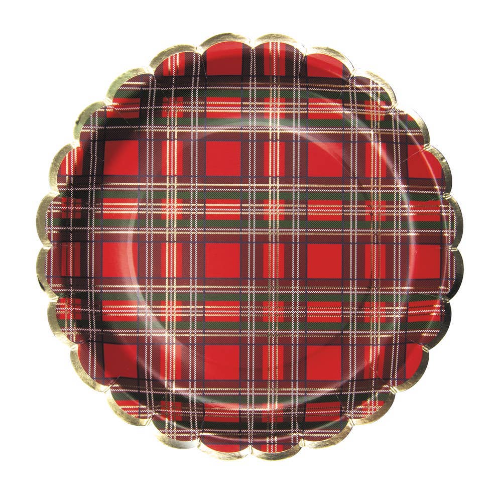 SCALLOPED PLATES 23CM TARTAN AND GOLD X 8