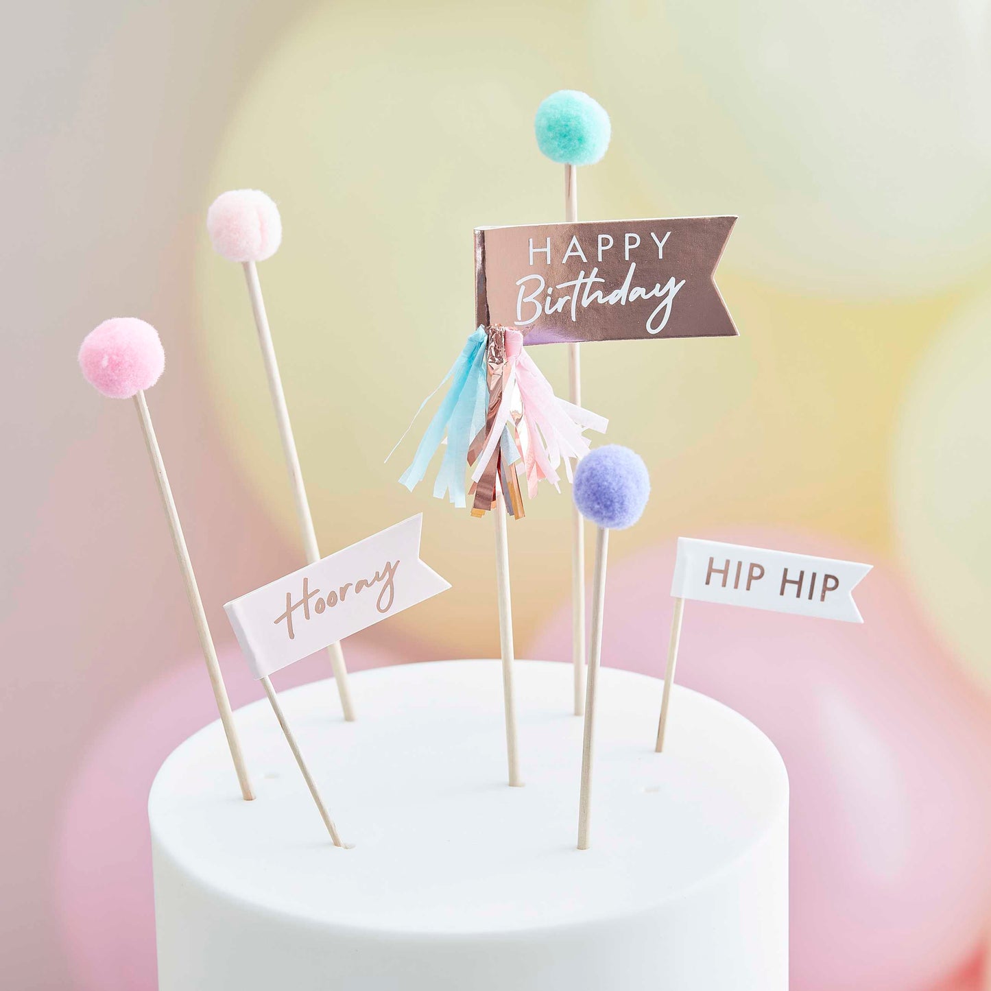 Pom Pom Happy Birthday Cake Toppers