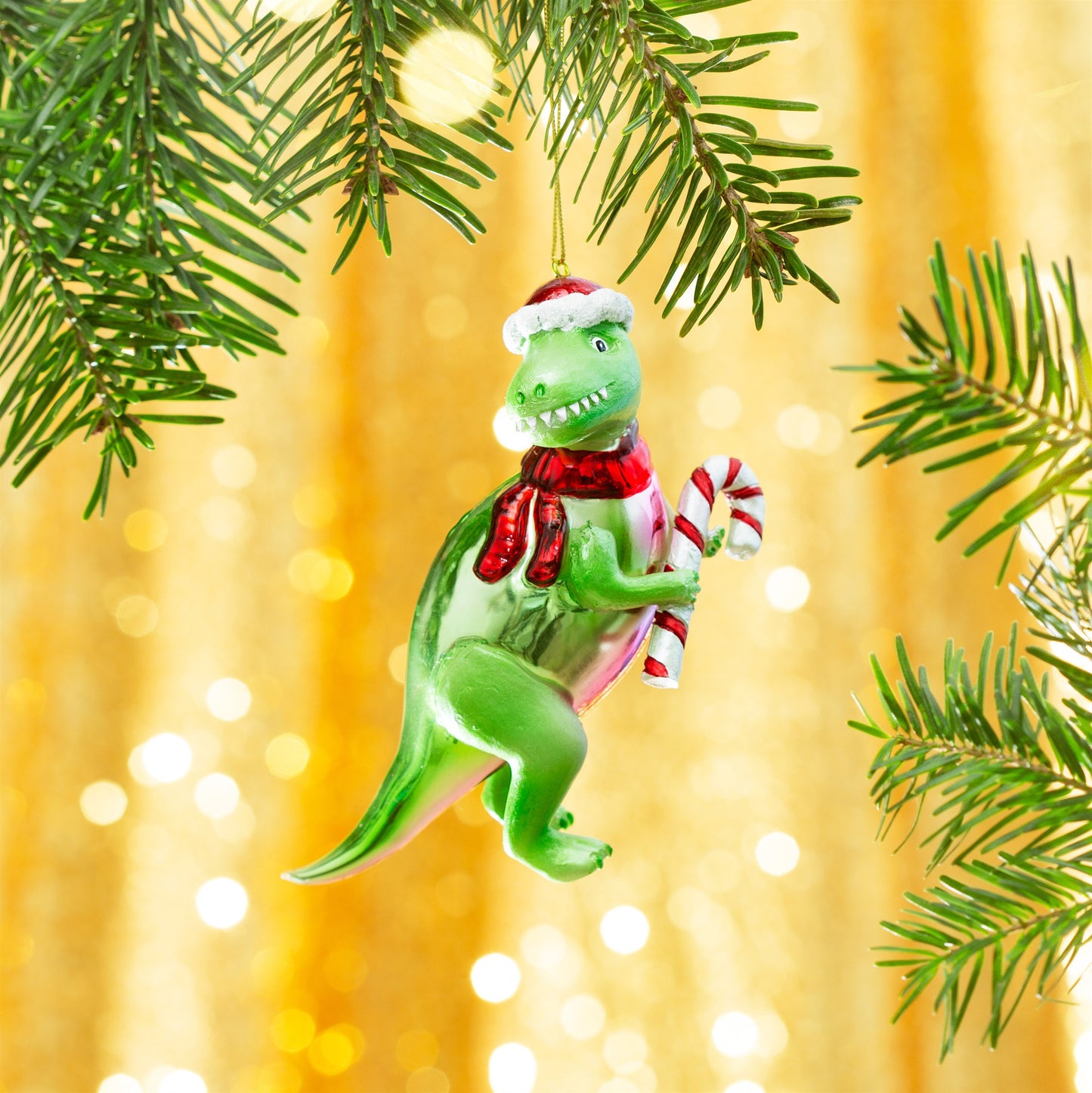 T-Rex With Candy Cane Shaped Bauble - SASS & BELLE