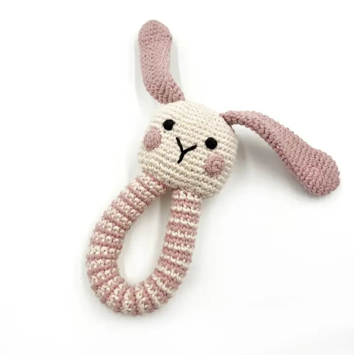 Crochet Toy Handmade Fairtrade Bunny Ring Rattle Dusky Pink