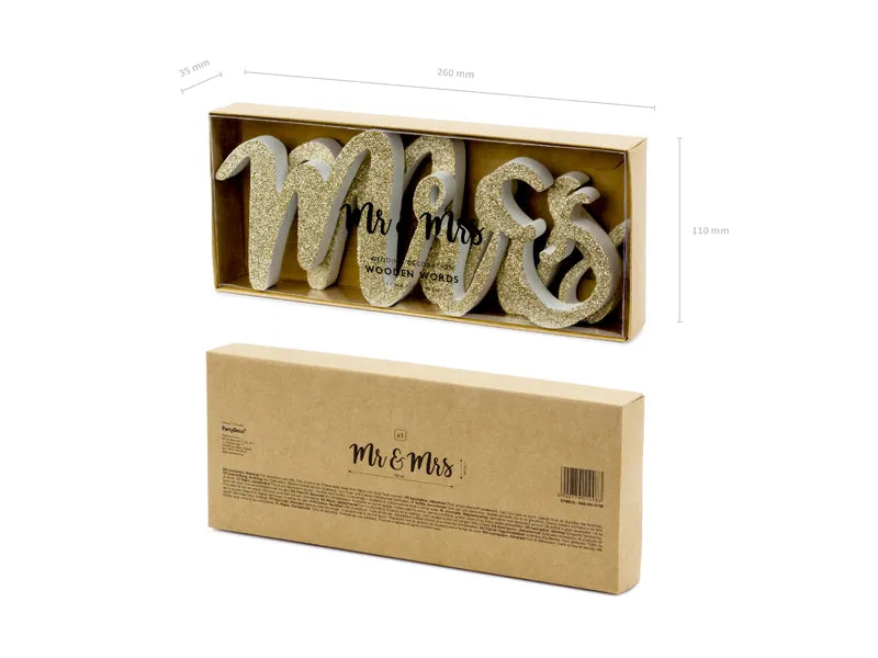 Wooden inscription Mr & Mrs, gold, 50x10cm