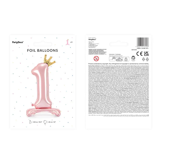 Standing foil balloon Number ''1'' , 84 cm, light pink