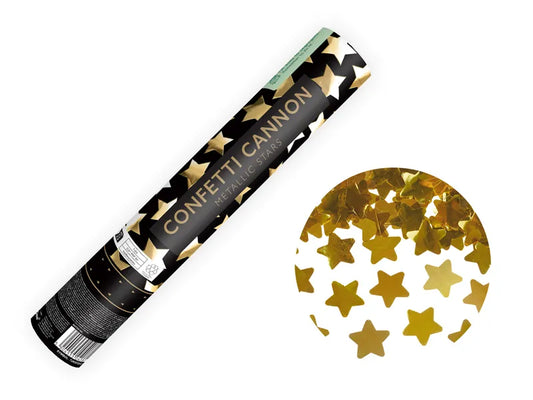 Confetti cannon with stars, gold, 28cm