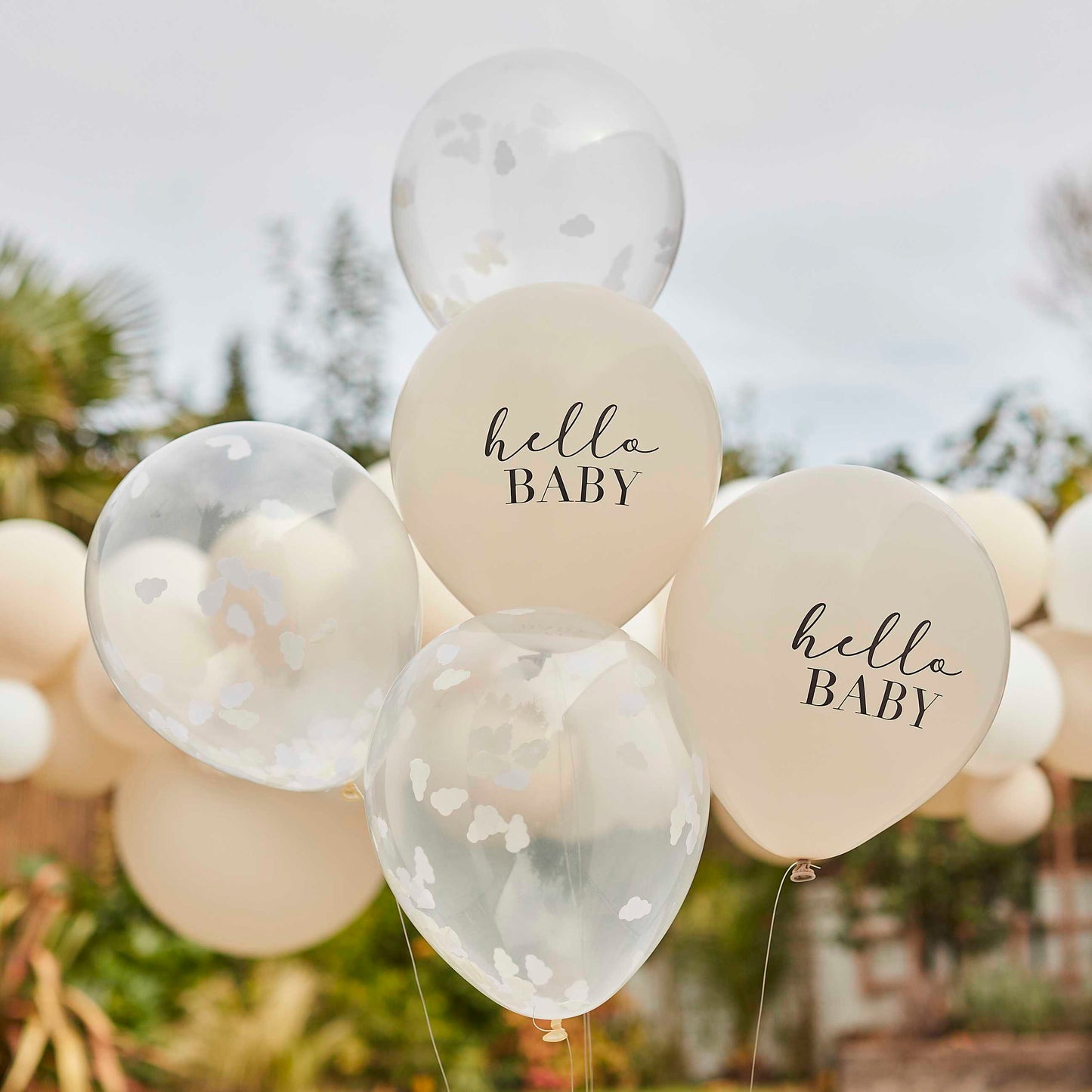 Hello Baby Taupe and Cloud Confetti Baby Shower Balloons