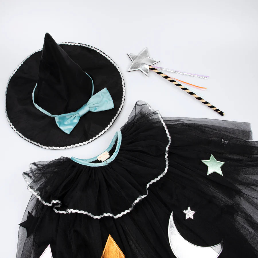 Tulle appliqué witch cape, hat & wand