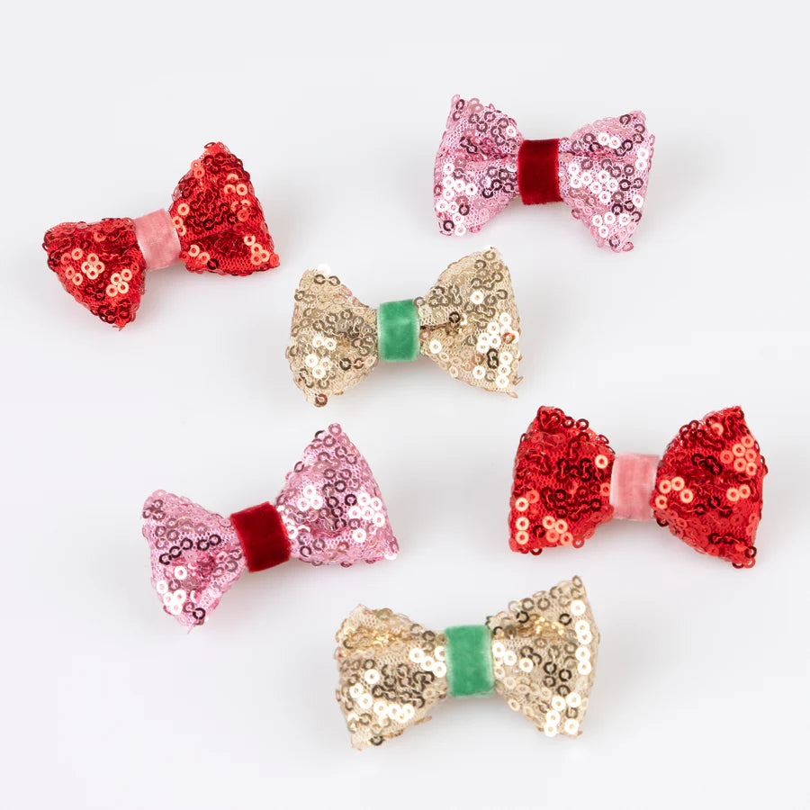 Sequin & velvet mini bow hair clips