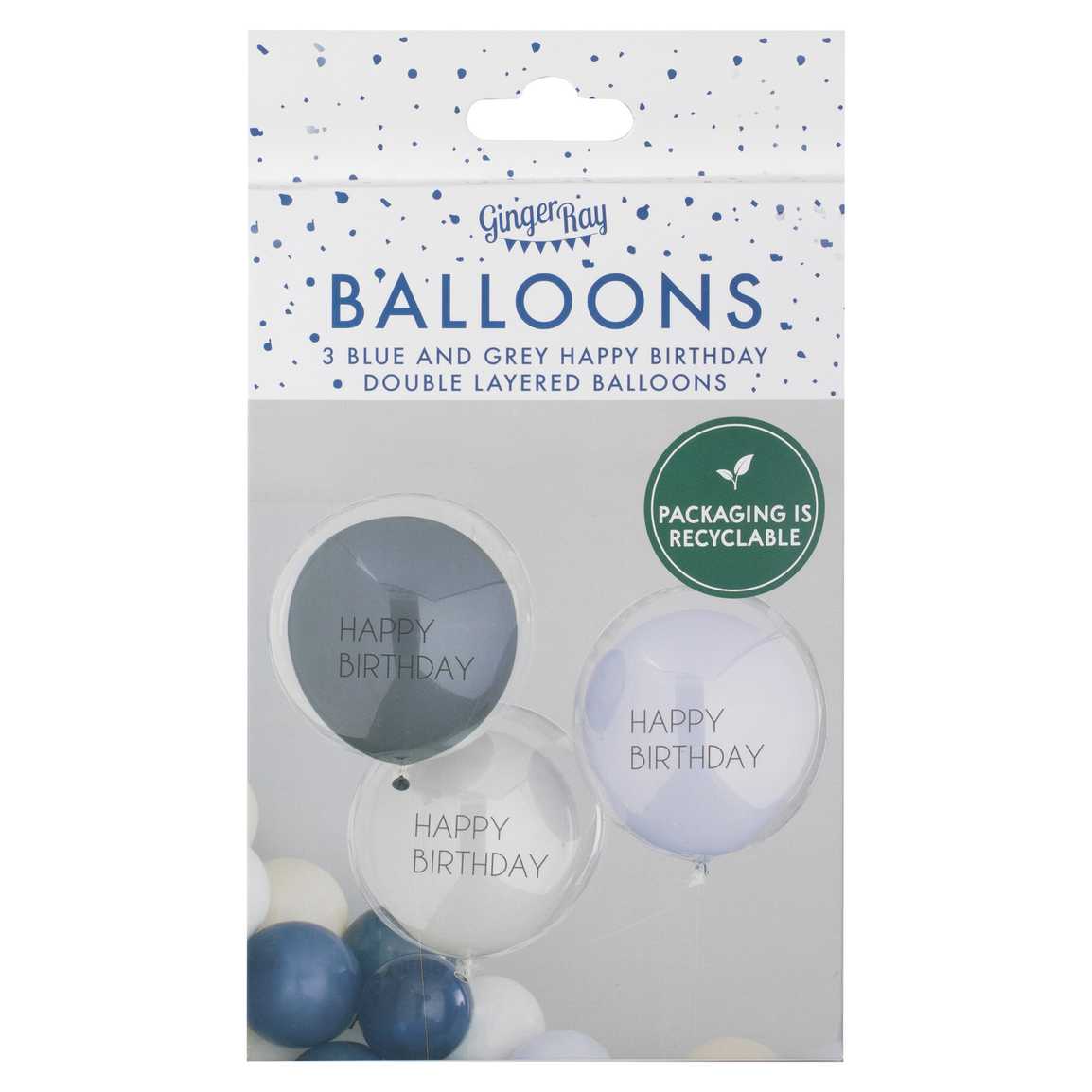 Blue & Grey Double Layered Happy Birthday Balloon Bundle