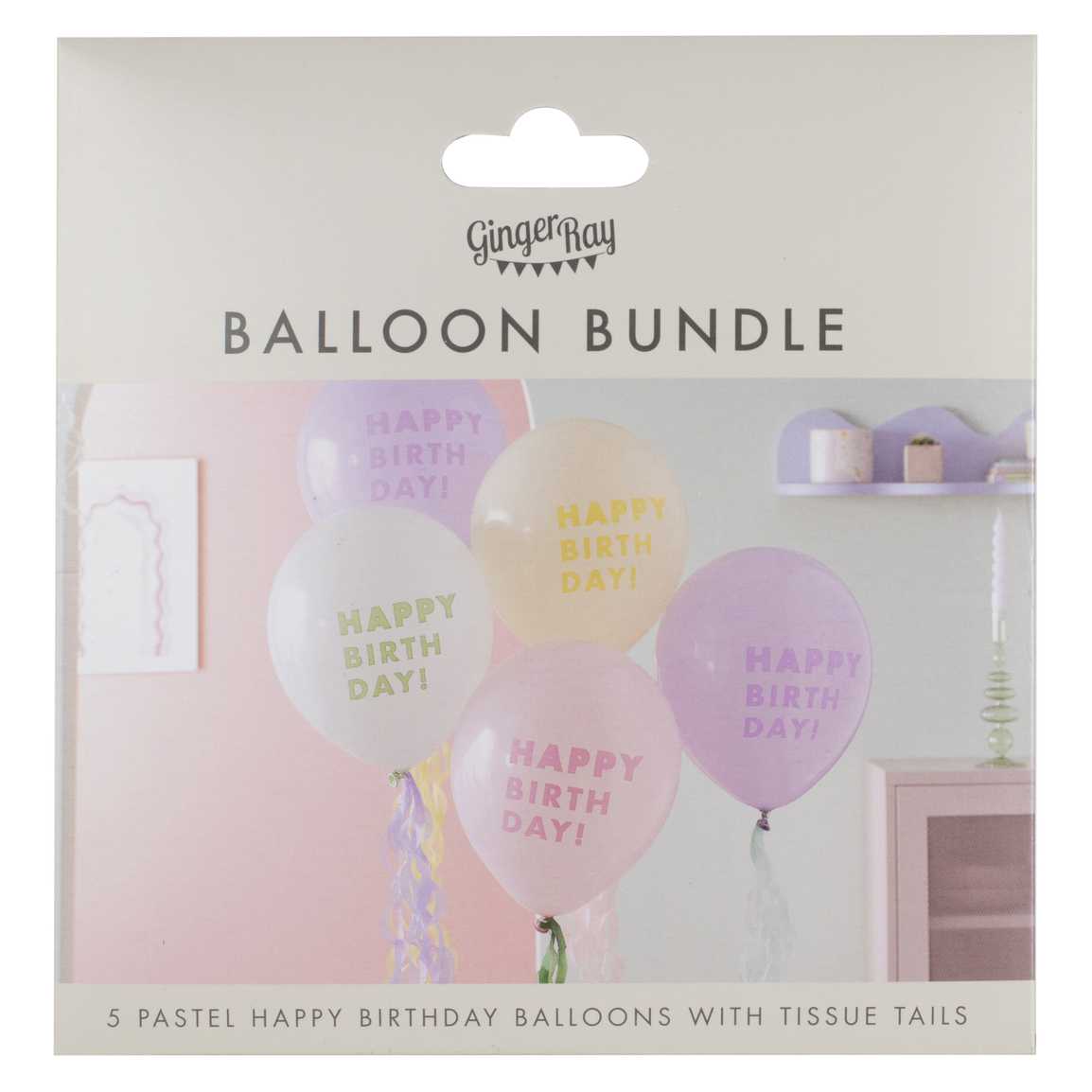 Pastel Happy Birthday Balloon Bundle with Tissue Paper Tails