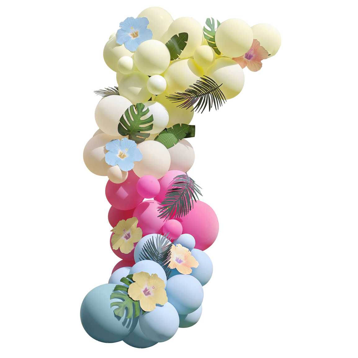 Blue, Pink, Green & Yellow Hawaiian Tiki Balloon Arch with Tropical Flowers and Foliage