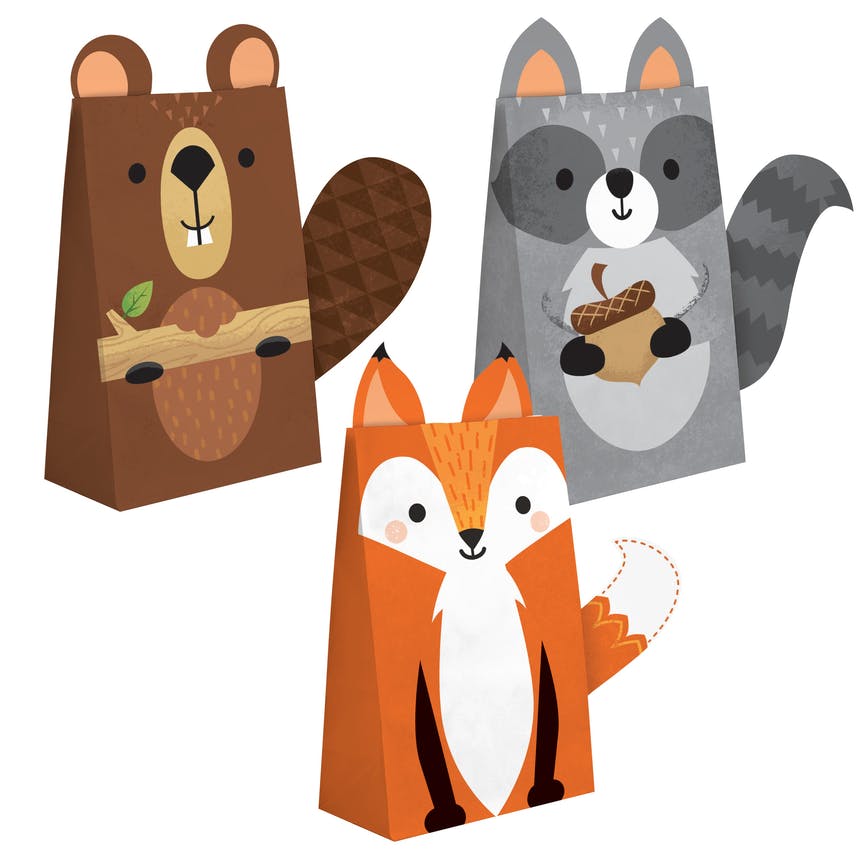 WILD ONE WOODLAND ANIMALS SHAPED PAPER TREAT BAGS WITH ATTACHMENTS