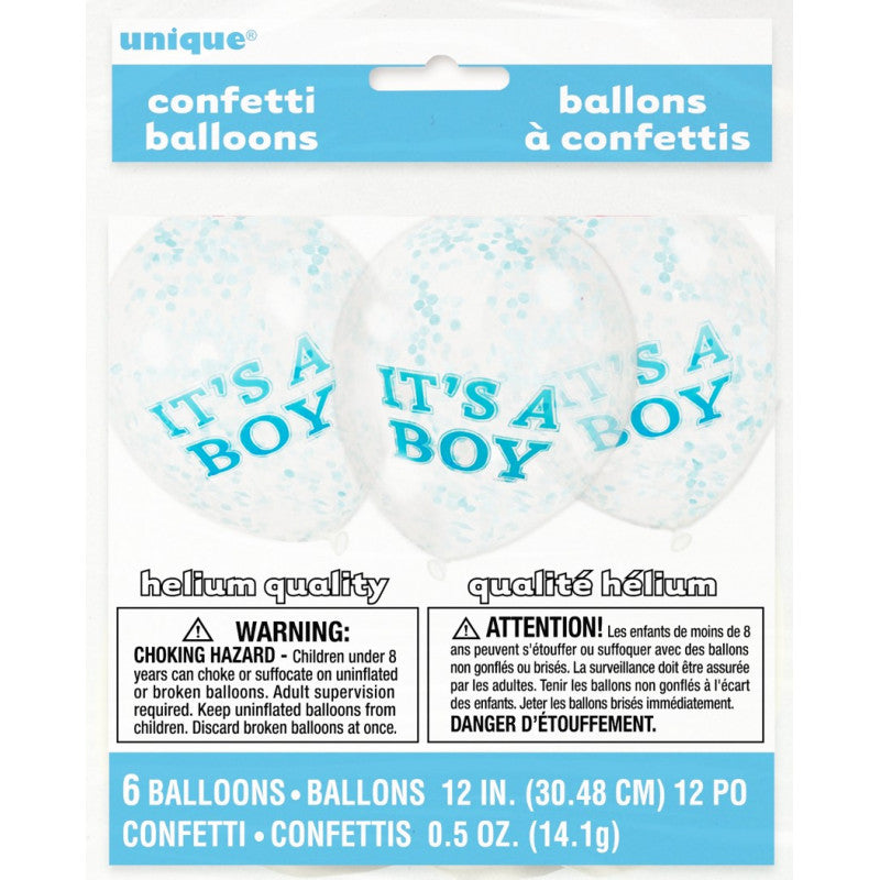 6 Transparent blue balloons 30 cm with confetti - It's a boy