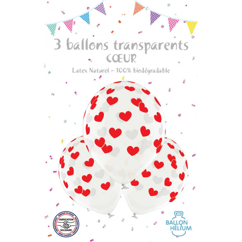 3 Ballons latex transparents COEUR 30 cm 