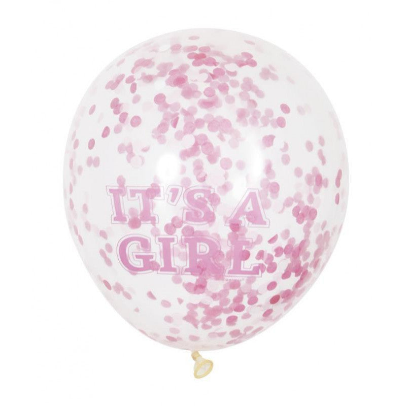 6 transparent balloons 30 cm with conffetis - It's a girl pink