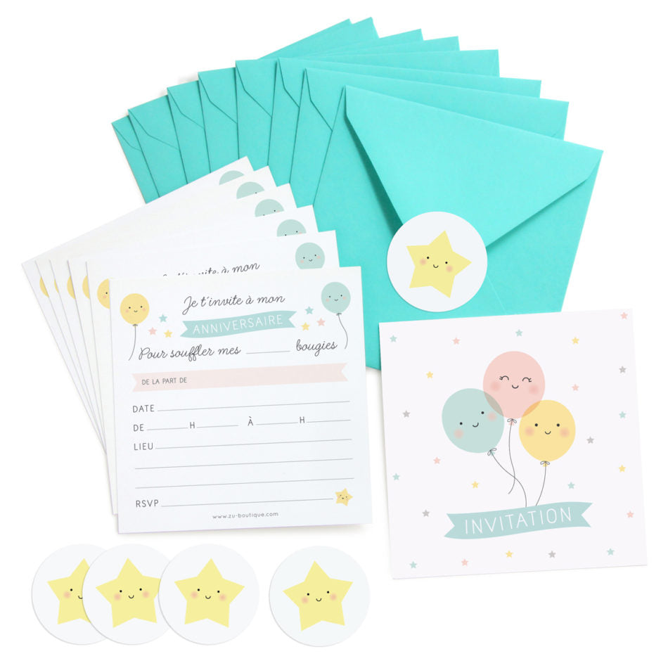 INVITATIONS ANNIVERSAIRE BALLONS - LOT DE 8 