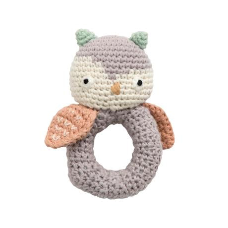 Hochet au crochet, Blinky le hibou, gris goutte de pluie 