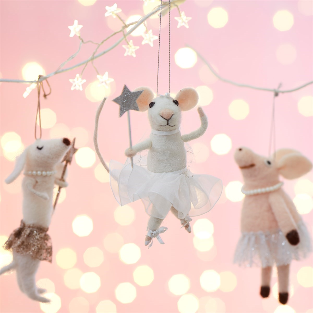 Fairy Mouse With Star Wand Felt Hanging Decoration White