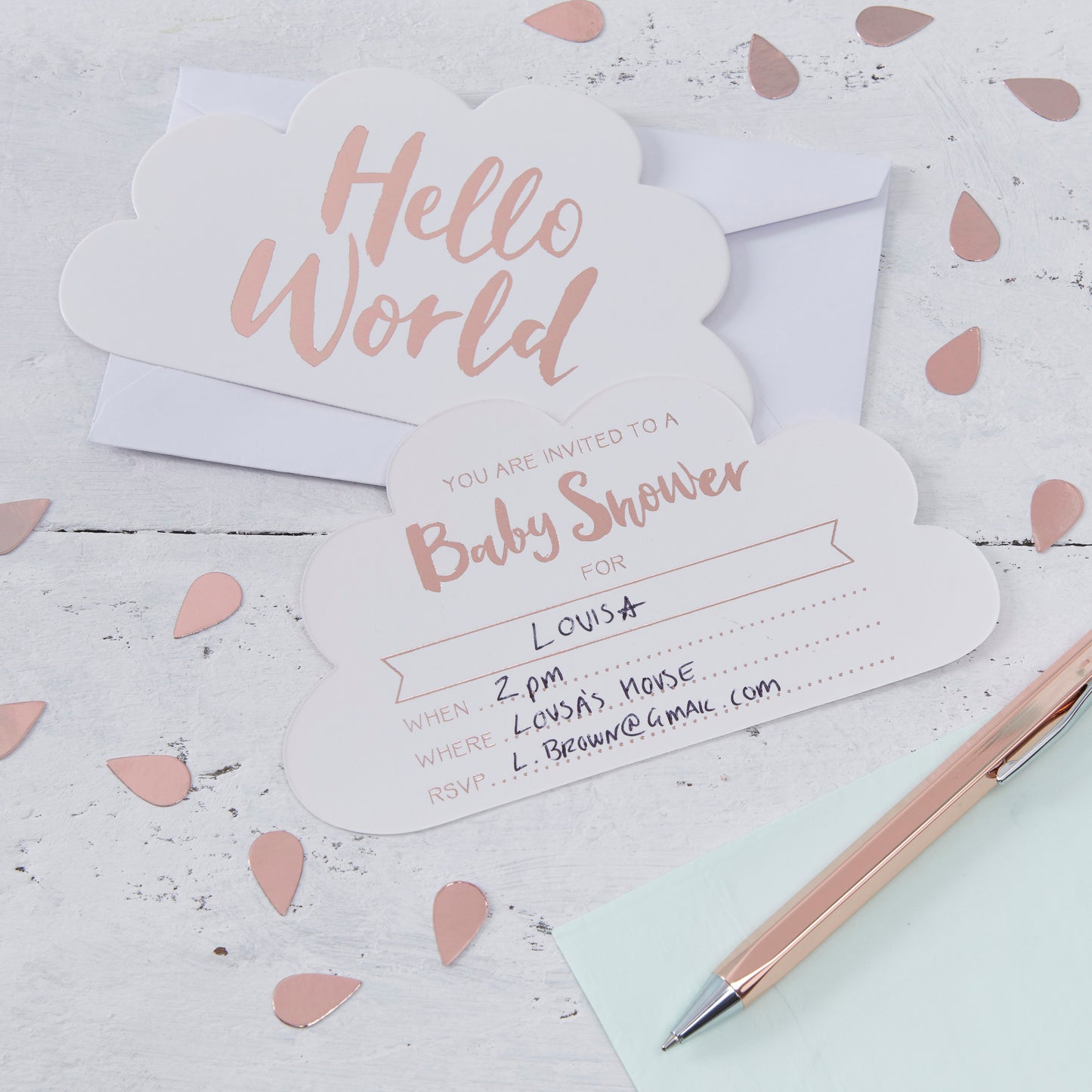 Rose Gold Baby Shower Invitations - Hello World