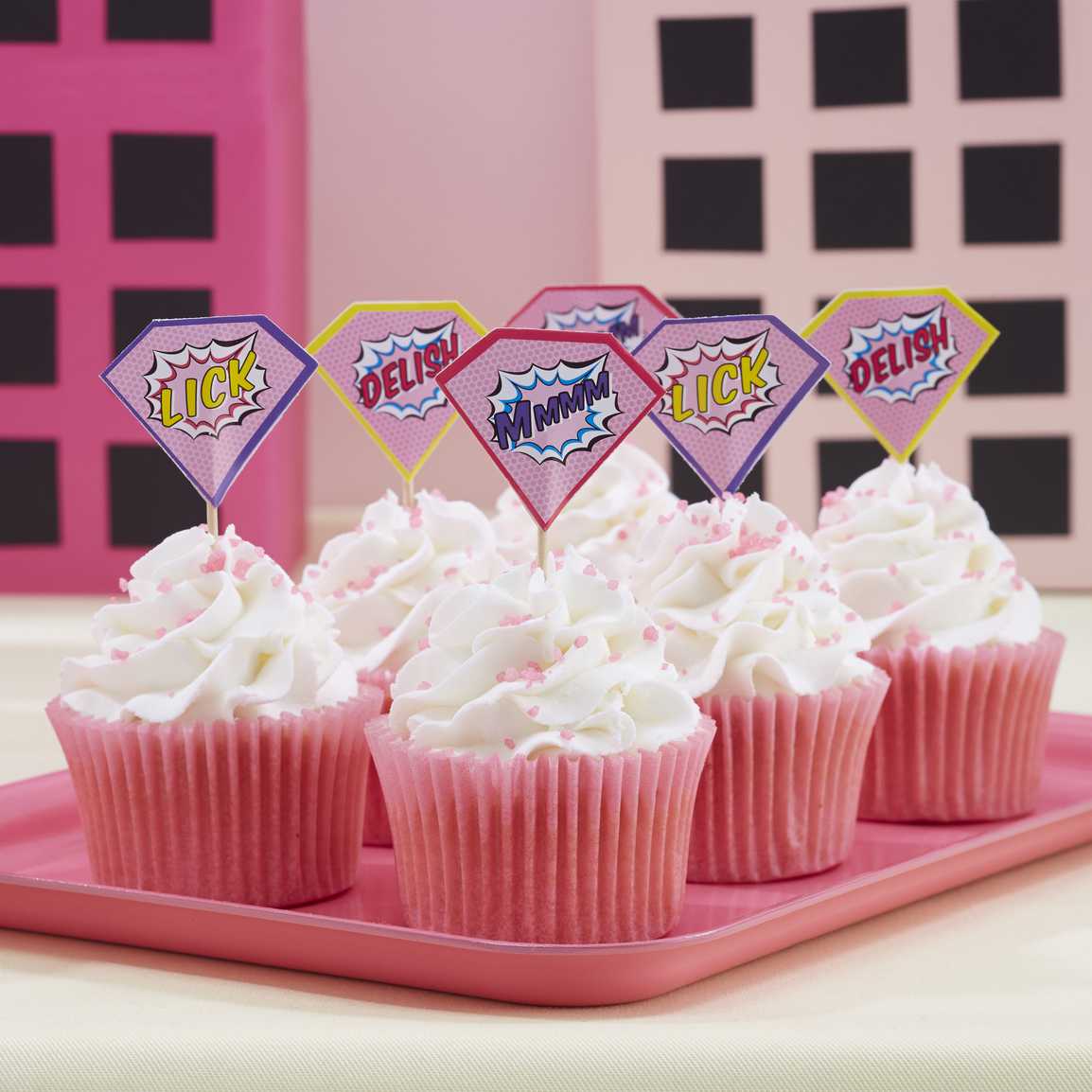 Pink Superhero Cupcake Sticks - Pop Art Superhero Party