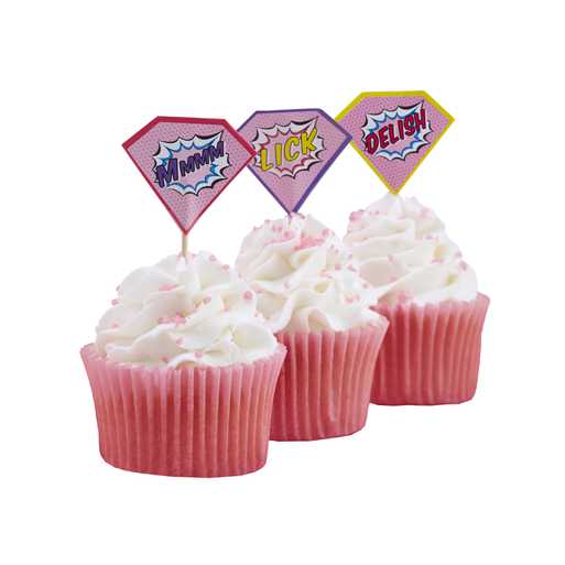 Pink Superhero Cupcake Sticks - Pop Art Superhero Party