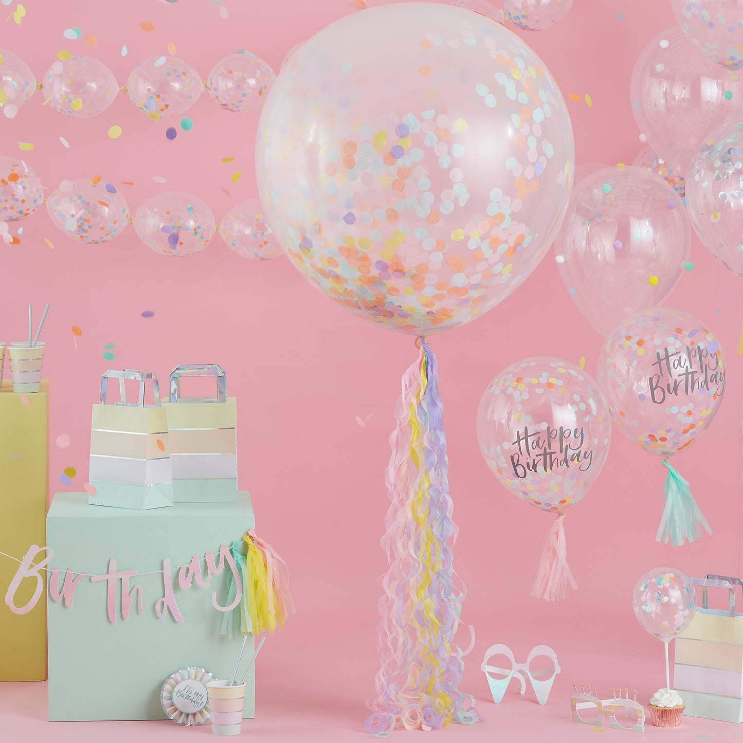 Happy Birthday Pastel Confetti Balloons