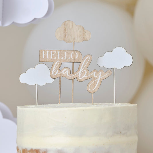 Wooden Hello Baby and Clouds Baby Shower Cake Topper