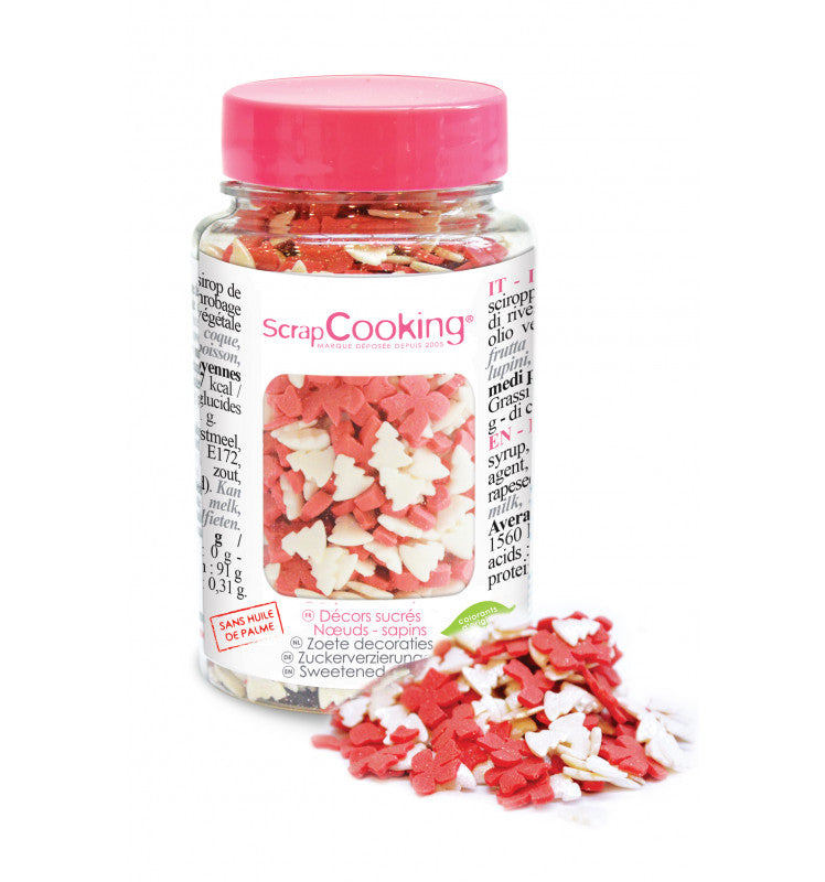 Pot of Christmas sugar sprinkles - White Christmas tree + red bow - 50g